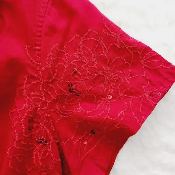 Blouse Size L Red Sequin Embroidered Short Sleeve Patriotic Americana 4th July - Picture 4 of 14